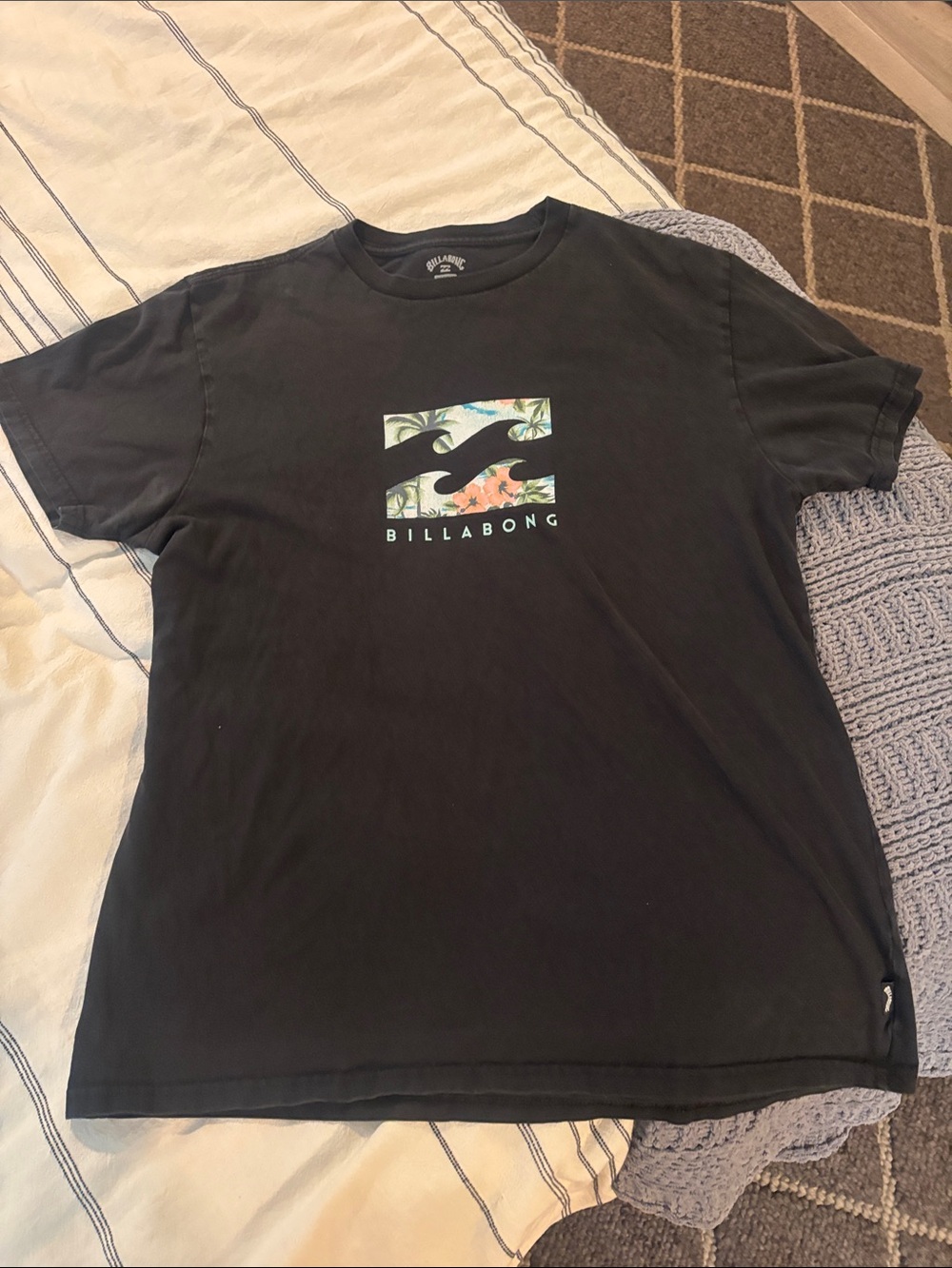 Billabong Black Short-Sleeve Logo Tee with Floral Panel (M)